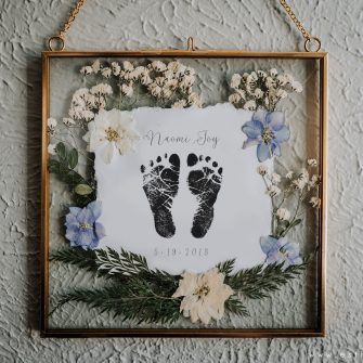 heirloom pressed flower footprints, custom pressed flower frame